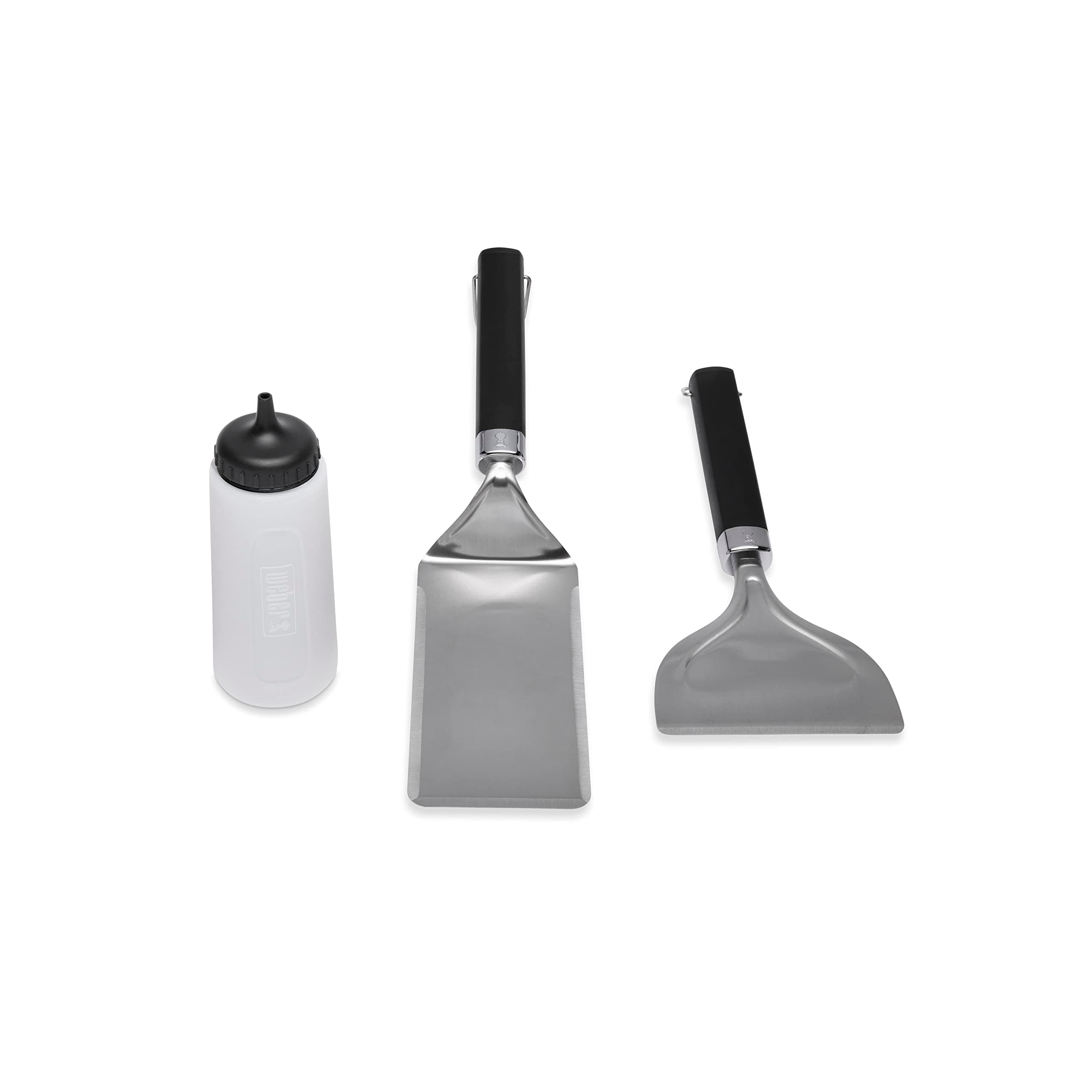 Griddle Starter Set / 3-Piece BBQ Accessory Set, Includes Barbecue Griddle Spatula, Scraper & Squeeze Bottle, Dishwasher-Safe, Non-Slip Silicone Handles, Stainless Steel Blades