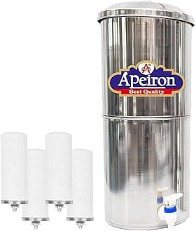 Apeiron Stainless Steel Non-Electric Water filter With 4 Ceramic Candles With Brass Knob 30 Liter Capacity
