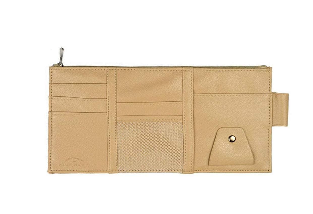 Itenqi PU Leather Multi-function Car Sun Visor Tidy Organizer Storage Bag Auto Interior Accessories Pocket Card Phone Storage Pouch Holder Zipper Beige