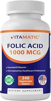 Vitamatic Folic Acid 1000 mcg (1 mg) - Vegetarian Tablets - 1667 mcg DFE - Vitamin B9 (240 Count (Pack of 1))