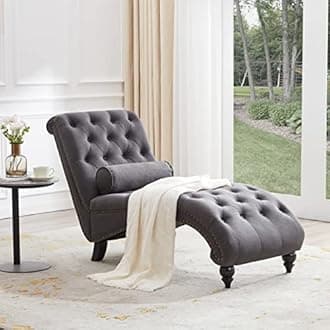 Button-Tufted Chaise Lounge Indoor with Solid Wood Legs & Support Pillow, Upholstered Chaise Lounge Chair for Bedroom Living Room Office, Armless Rolled Backrest Leisure Sofa Recliner-Dark Grey