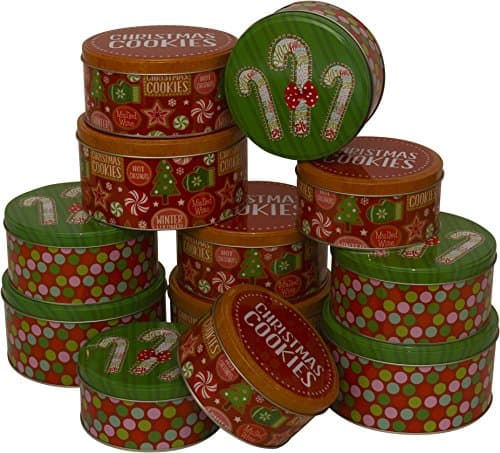 Kraft King Christmas Cookie Tins - Holiday Printed Stackable Round Nested Steel Cans - Perfect Confectioneries & Edible Gift Storage - Set of 12