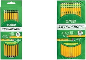 Ticonderoga Wood Pencils, Pre-Sharpened, Yellow, HB Soft Graphite, 30 Count x 6 Packs + 72 Count