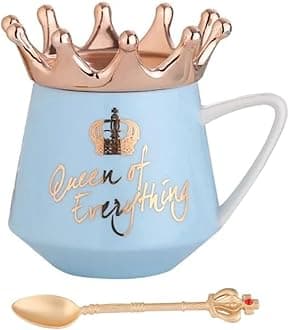 NYRWANA Queen of Everything Coffee Mug, Birthday Gift for Girls, Birthday Gift for Women, Anniversary Gift, Wedding Gift, Ceramic Coffee Mug with Golden Crown Lid & Spoon (350ml - Sky Blue)