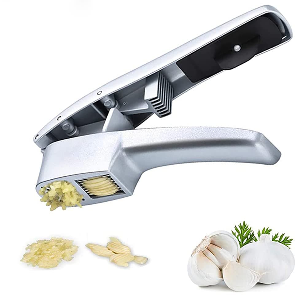 Multifunctional Garlic Press Set 2-in-1 Dual Function Garlic Press and Slicer Manual Garlic Press Ginger Press Kitchen Tools Accessories Garlic Chopper Slicer (Silver)