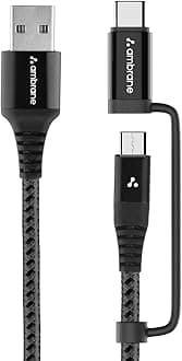 Ambrane 2 in 1 Type-c & Micro Usb Cable With 3a Fast Charging Mobile Cable, 480 Mbps Data Sync, Quick Charge 3.0, 1m Braided Cable, Compatible With All Type-c & Micro Usb Devices (Abdc-10, Black)