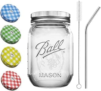 SAVE Ball Mason Jar With Bent Stainless Steel Straw | 1 Extra Random Coloured Lid With Hole | 473 Ml | Wide Mouth | Minimal And Multi-Purpose Jar Container For Storage, Diy And Much More (1), Blue