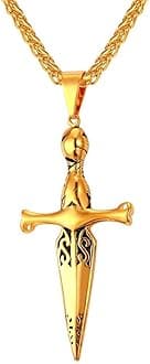 Punk Necklaces Stainless Steel 18K Gold Plated Large Hip Hop Dagger/Knife/Sword/Steampunk Gear/Large Razor Blade Pendant Necklace for Men Women, Chain 22-24 Inches