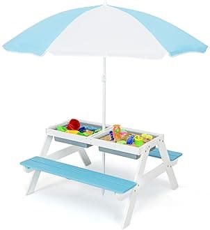 - Costzon Kids Picnic Table with Sensory Bins, 4 in 1 Sand and Water Table with Height Adjustable Umbrella, Removable Tabletop for Outdoor Backyard Patio Play