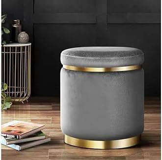 Ottoman Round Velvet Seating Stool Lounge Footstool Footest Pouf Dressing Stool Make Up Vanity Stool Extra Seat for Bedroom Hallway Office Living Room Home Decor Furniture (Grey)