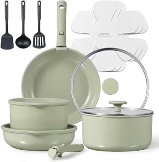 CAROTE 16pcs Ceramic Cookware Set, Pots and Pans Set Non Stick, Induction Kitchen Cookware, Non Stick RV Set with Detachable Handle, Dishwasher/Oven Safe, Sage Green