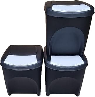 Stolmet Large Stackable Recycling Bins Set of 3x25L (Brand KrysGo) - Customizable Lids with Recycling Stickers - Waste Sorting for Home, Kitchen, Office (Black + White)