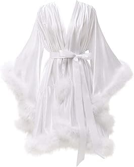 Changuan Women's Feather Robe Silk Satin Fur Bridal Robe Short Dressing Gown Bathrobe Lingerie Nightgown Sleepwear