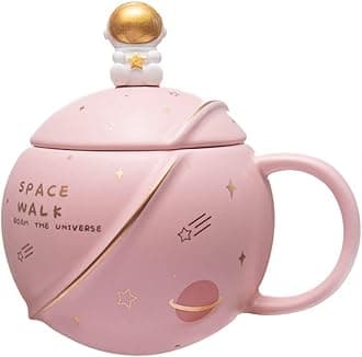 NYRWANA Coffee Mug, Gift for Man, Mugs for Present, Valentine Gift for Boyfriend, Birthday Present for Brother, Astronaut Planet Coffee Mug with 3D Creative Space, Lid & Spoon (400ml-Pink)