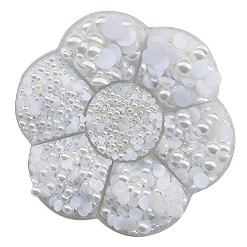 Chenkou Craft Random 1900pcs Assorted 7 Sizes (3/4/5/6/7/8/10mm) Imitation Half Pearl Bead Flatback Scrapbook Craft DIY Loose Beads + Plastic Box (White)