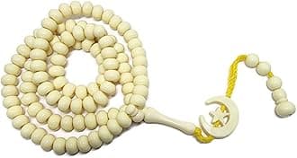 Al-Ameen Muslim Gift Islam Prayer Tasbih 99 Beads AMN-303 8 mm. Rosary Bead Moon Star Decorated Tassels Haj Eid Ramadan (Cream)