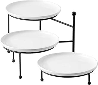 Kanwone 3 Tiered Serving Stand with White Porcelain Plates, 10" Round Tray, Dessert Table Display Set, Black Metal Stand, Versatile & Durable