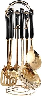 AQUAX Stainless Steel kitchenware seven Pieces Set (Black Gold).Cooking Utensils 7 pcs Set with hanging shelf .Include Slotted Spoon, Slotted Spatula, Large Spoon, Soup Ladle, Spatula, Pasta spoon.