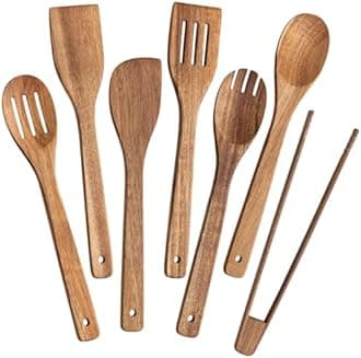 Eisinly Wooden Spoons for Cooking 7-Piece, Kitchen Nonstick Wood Cooking Utensils Set, Durability Wooden Spatula Spoon for Everyday Use, Brown