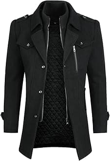 Mens Wool Coats Casual Thick Short Winter Trench Coat Regular Fit Peacoat with Detachable Inner Collar