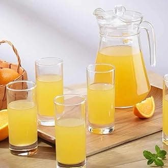 bellemax Italian Premium Water and Juice Glasses Set of 6 and Jug Set Combo,(6 Pieces Glasses 350ML and 1 Water Juice Jug 1.6 Liter), Transparent, Glass and Jug Set (Round)