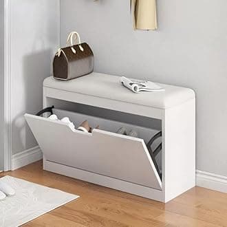 LITFAD Modern Shoe Storage Bench with Doors Entryway Shoe Bench with Cushion Seat Hallway Bench with Shoe Storage Cabinet Free Standing Hidden Shoes Organizer - 20" L x 7" W x 18" H White