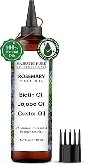 Majestic Pure 100% Pure Rosemary Oil with Biotin for Hair Care, Strengthening, Nourishing, and Volumizing Formula with Jojoba Oil and Castor Oil - Non GMO Verified, 198 ml