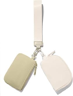 Mini Zip Around Keychain Wristlet Wallets Small Portable Dual Pounch Wristlet Detachable Coin Purse Pocket Gifts for Women Travel Sports Outdoors(Khaki+Cream White)