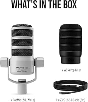 RODE Microphones Road Microphones Pod Microphone, USB Dynamic Broadcast Microphone, White, PODMICUSBW