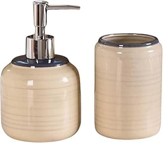 Nestasia Ceramic Scandinavian Bath Set Of 2-Serene Cream Soap Dispenser & Toothbrush Holder | Minimalist Nordic Bathroom Accessories