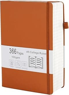 Thick College Ruled Notebook with 366 Numbered Pages, A5 Journals for Writing with 100GSM Lined Paper, Hardcover Leather Notebooks for Women Men School Note Taking Office Work Diary, 5.7"x8.3" Brown
