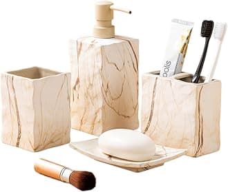 RQYIXI Bathroom Accessories Set 4 Pieces Toothbrush Holder Soap Dispenser Ceramic Bathroom Decor Set Contain Toothbrush Cup Soap Dish Tumbler Marble Brown