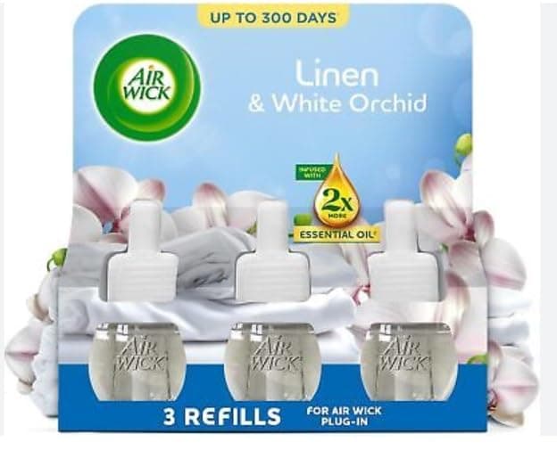 Air Wick Plug in Diffuser Triple Refill, Linen and white orchid, Long Lasting Fragrance, Lasts up to 300 days, Plug in Air freshener, Pack 3 x19ml, Packaging May Vary