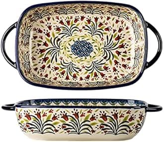 Vintage Style Tulip Flower Pattern Ceramic Bakeware Casserole Dish Baking Pan Lasagna Pans Baking Dish with Handles for Oven/Cooking/Kitchen-1 PCS-60 OZ