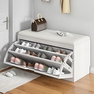 LITFAD Modern Shoe Storage Bench with Doors Entryway Shoe Bench with Cushion Seat Hallway Bench with Shoe Storage Cabinet Free Standing Hidden Shoes Organizer - 31.5" L x 12" W x 18" H White