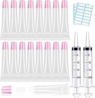 AMORIX 50PCS Lip Gloss Tubes 20ml Pink Cap Lip Gloss Containers Empty Lip Balm Tubes Refillable Cosmetic Squeeze Lipgloss Tubes + 2 x 20ml Syringes Tag Labels for DIY Lip Gloss Glitter