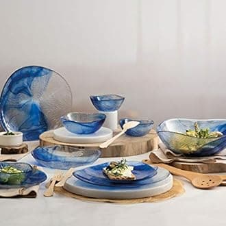 Linden Batik Blue Tempered Glass Dining Plates Dinner Set Tableware (Set of - 18pc Dinner Set (6 of Each))