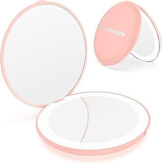wobsion Compact Mirror with Light, 1x/10x Magnifying Led Travel Makeup Mirror, Handheld 2-Sided Pocket Mirror, Compact Magnifying Mirrors for Handbag, 3.5 inch Small Pocket Mirror Round, Pink