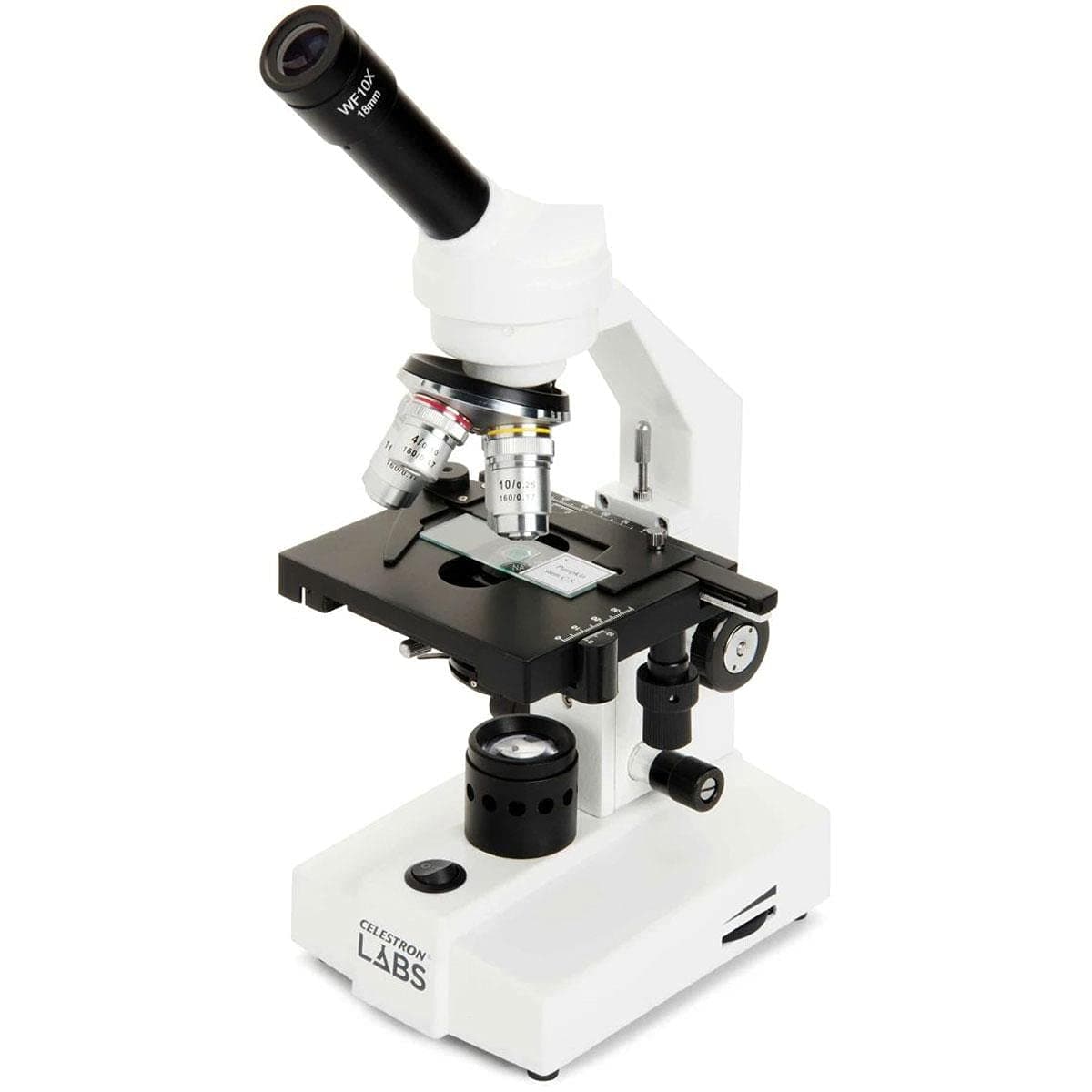 Celestron Labs – Monocular Head Compound Microscope – 40-2000x Magnification – Adjustable Mechanical Stage – Includes 2 Eyepieces and 10 Prepared Slides