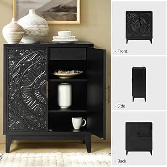 WOODSY CREATIONS Hand-Carved Wooden Sideboard Cabinet with Floral and Geometric Designs - 30" x 36" x 15" (Black)