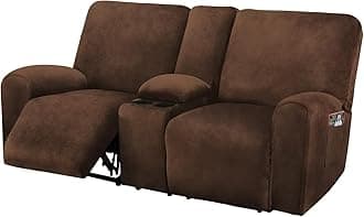 Reclining Love Seat with Middle Console Slipcover, 8-Piece Velvet Stretch 2 seat Loveseat Recliner Cover, Thick Soft, Washable (Chocolate)
