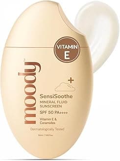 Moody SensiSoothe Mineral Serum Sunscreen SPF 50 PA++++ with Ceramides & Rice | Brightening Sunscreen for All Skin Types | No White Cast, Non-Comedogenic & Dermatologist Tested | 50 ml