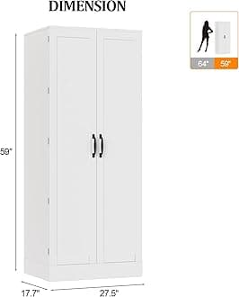 VINGLI Pantry Cabinet,Tall White Kitchen Storage Cabinet with 2 Doors and Adjustable Shelves, 59" H Food Storage Freestanding Cupboard for Small Space in Dining Room, Living Room…