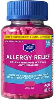 berkley jensen Allergy Relief Tablets - 25mg Diphenhydramine HCI - Allergy Medicine - Easy-Swallow, 600 Tablets (Pack of 1)