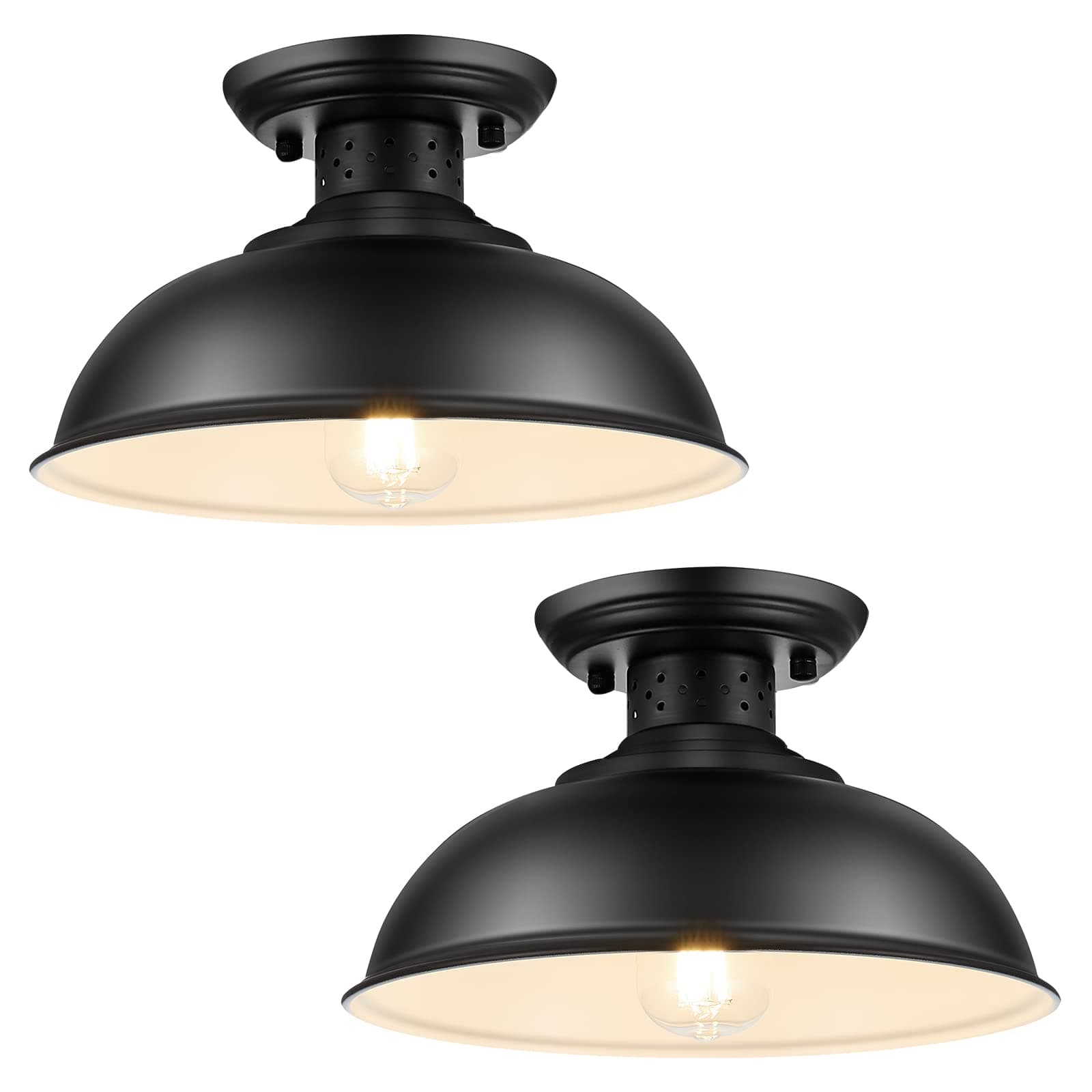 2PCS Semi Flush Mount Ceiling Light, Industrial Close to Ceiling Lighting Fixtures, Rustic Vintage Metal Black Ceiling Lamp for Kitchen Island Bedroom Hallway Farmhouse, 13in