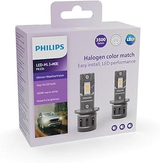 Phillips' Weathervision LED Car Headlight Bulb (H3), Ultra-Compact Direct-Fit, Halogen Color Match, Easy Install, LED Performance, 3500K, Set Of 2, White