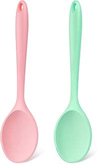 Silicone Mixing Spoons 2-Pack, 10.8" Large High Heat Resistant Nonstick Cooking spoon for Stirring, Mixing and Serving, Green & Pink Rubber Spoon.