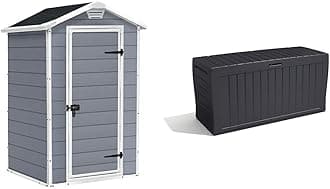 Keter Manor Outdoor Garden Storage Shed, Grey, 4 x 3 ft & Marvel+ 270L Outdoor Garden Storage Box Garden Furniture - Graphite Grey
