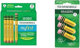 My First Short Triangular Wood-Cased Pencils, 2 HB Soft, 12 Count Erasers, Pencil Shaped, 3-Pack Bundle