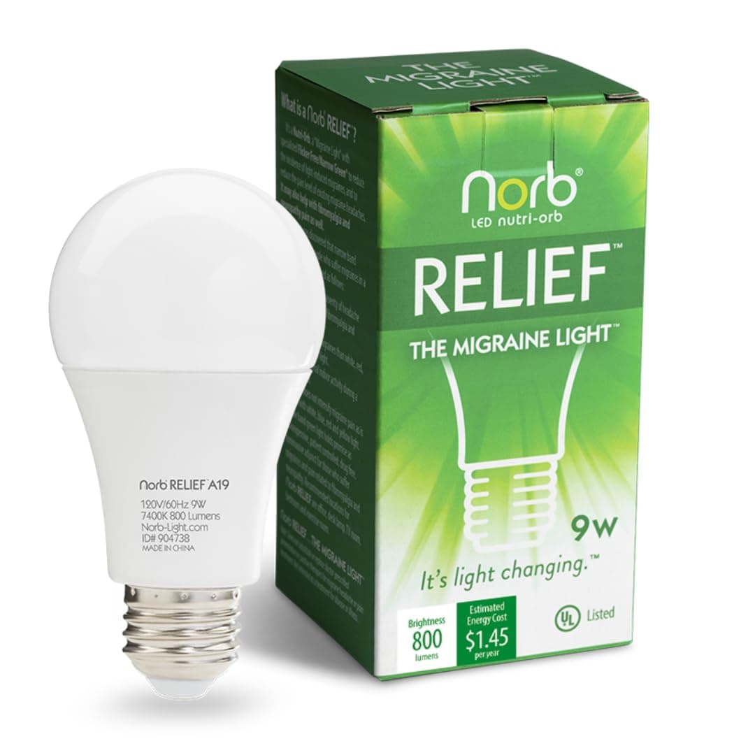 NorbRELIEF Green Light Therapy Migraine Relief Light Bulb, Research Proven Non-Drug Support for Migraine Pain. Patented in USA, LED Light for Migraine, Headache, Pain Relief. Pure Green Light (1-Pack)